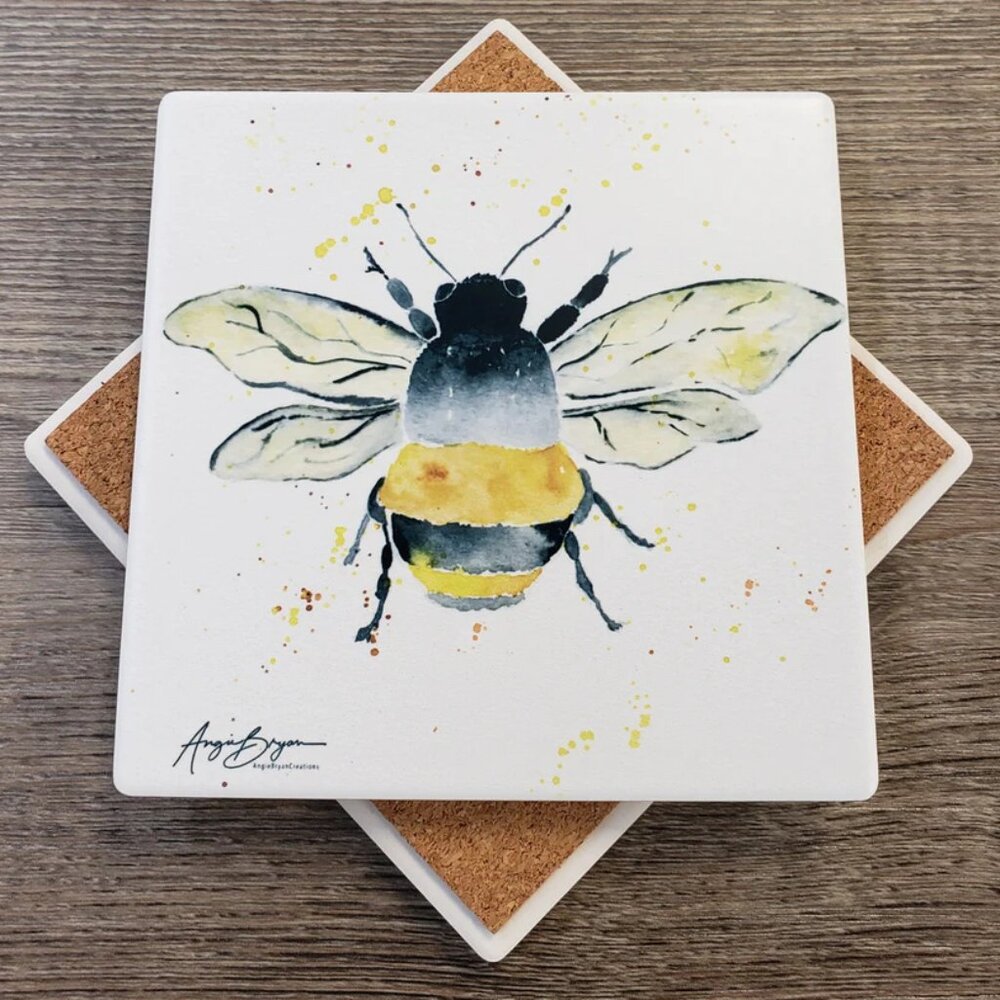 Bee Sandstone Coaster – Watercolor Art by Angie Bryan | The Crowing Hen